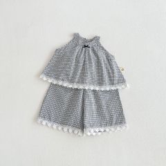 2026 Summer Infant Baby Kids Girls Sleeveless Lace Trim Top Vest with Plaid Pattern Shorts Sets Wholesale