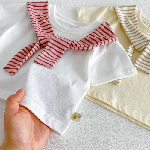 2026 Summer Infant Baby Kids Girls Short Sleeves Navy Collar T-shirt with Striped Shorts Sets Wholesale