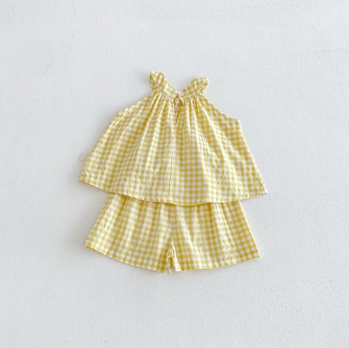2026 Summer Infant Baby Kids Girls Sleeveless Cute Top Vest with Plaid Pattern Shorts Sets Wholesale