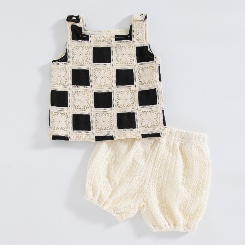 2026 Summer Infant Baby Kids Girls Sleeveless Plaid Top Vest with Plain Shorts Sets Wholesale