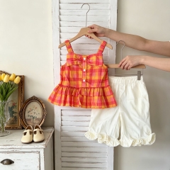 2026 Summer Infant Baby Kids Girls Sleeveless Plaid Pattern Top Vest with Plain Shorts Sets Wholesale