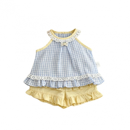 2026 Summer Infant Baby Kids Girls Sleeveless Plaid Pattern Top Vest with Plain Shorts Sets Wholesale
