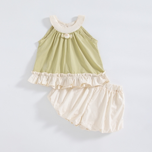 2026 Summer Infant Baby Kids Girls Sleeveless Color Patchwork Top Vest with Plain Shorts Sets Wholesale