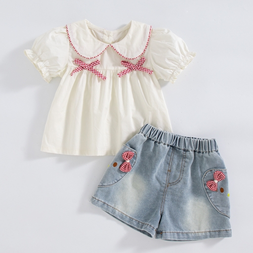 2026 Summer Infant Baby Kids Girls Short Sleeves Plaid Pattern Top with Denim Shorts Sets Wholesale