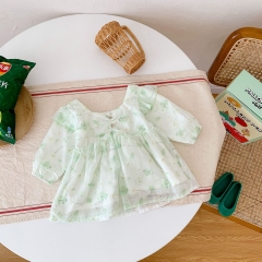 Spring Infant Baby Girls Cute Green Floral Pattern Long Sleeves Dress Wholesale