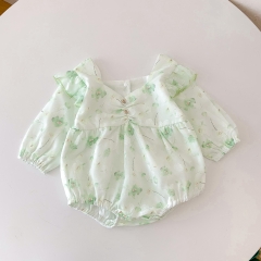 Spring Infant Baby Girls Cute Green Floral Pattern Long Sleeves Onesies Wholesale