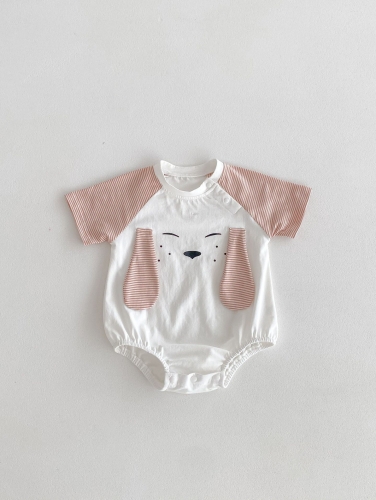 Summer Infant Baby Pink Striped Pattern Short Sleeves One Piece Cartoon Onesies Wholesale