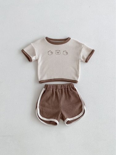 Summer Infant Baby Kids Waffle Grid Teddy Bear Pattern Short Sleeves Cartoon T-shirt and Shorts Set Wholesale