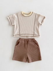 Summer Infant Baby Kids Waffle Grid Casual Pattern Short Sleeves T-shirt and Shorts Set Wholesale