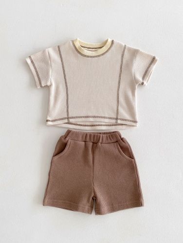 Summer Infant Baby Kids Waffle Grid Casual Pattern Short Sleeves T-shirt and Shorts Set Wholesale