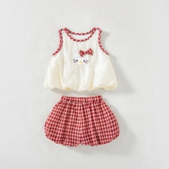Summer Infant Baby Girls Cartoon Pattern Sleeveless Vest and Plaid Shorts Set Wholesale