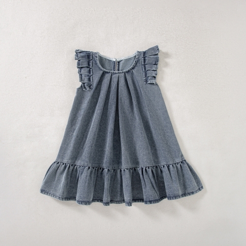 Summer Infant Baby Girls Cute Denim Fly Sleeves Crew Neck Dress Wholesale