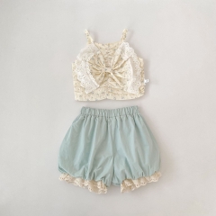 Summer Infant Baby Girls Floral Pattern Sleeveless Vest and Lace Trim Shorts Set Wholesale