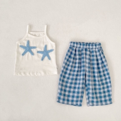 Summer Infant Baby Girls Marine Animals Pattern Sleeveless Vest and Plaid Pants Set Wholesale