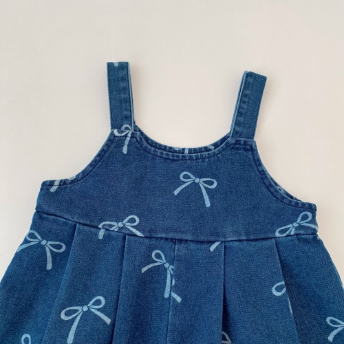 Summer Infant Baby Girls Cute Denim Sleeveless Butterfly-bows Pattern Overalls Wholesale