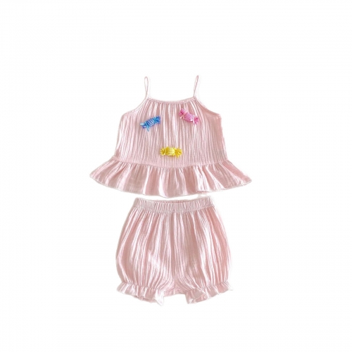 Summer Infant Baby Girls Candy Pattern Sleeveless Vest and Plain Shorts Set Wholesale