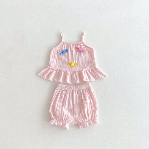 Summer Infant Baby Girls Candy Pattern Sleeveless Vest and Plain Shorts Set Wholesale Summer Infant Baby Girls Candy Pattern Sleeveless Vest and Plain Shorts Set Wholesale