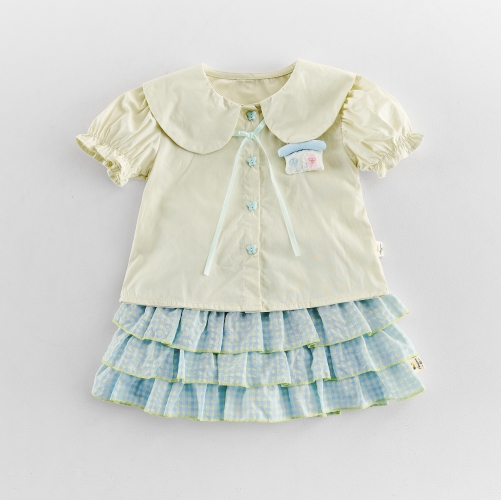Summer Infant Baby Girls Turn-down Collar Top and Plaid Skirt Set Wholesale Summer Infant Baby Girls Turn-down Collar Top and Plaid Skirt Set Wholesale