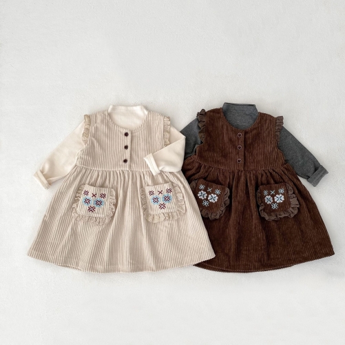2026 Spring and Autumn Infant Baby Kids Girls Long Sleeves Solid Color Top with Embroidered Dress Sets Wholesale