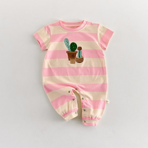 Summer Infant Baby Girls Cute Striped and Cartoon Pattern Short Sleeves One Piece Rompers Wholesale