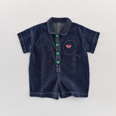 Summer Infant Baby Fruits Pattern Short Sleeves One Piece Denim Rompers Wholesale