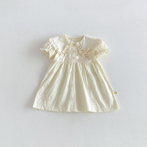 Summer Infant Baby Girls Solid Color Flowers Pattern Short Sleeves One Piece Dress Wholesale Summer Infant Baby Girls Solid Color Flowers Pattern Short Sleeves One Piece Dress Wholesale