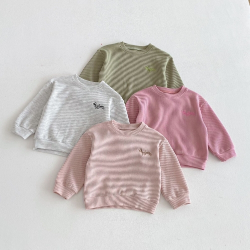Autumn Infant Baby Kids Long Sleeves Embroidered Pullover and Pants Waffle Grid Clothing Sets Wholesale