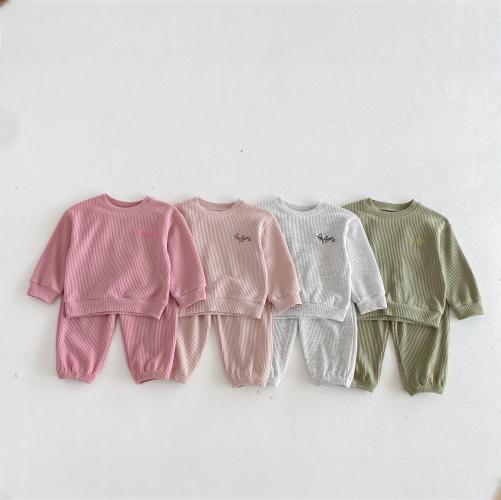 Autumn Infant Baby Kids Long Sleeves Embroidered Pullover and Pants Waffle Grid Clothing Sets Wholesale Autumn Infant Baby Kids Long Sleeves Embroidered Pullover and Pants Waffle Grid Clothing Sets Wholesale