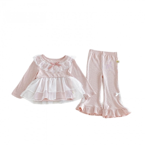 Autumn Infant Baby Kids Girls Long Sleeves Lace Trim Top and Flared Pants Cute Clothing Sets Wholesale Autumn Infant Baby Kids Girls Long Sleeves Lace Trim Top and Flared Pants Cute Clothing Sets Wholesale