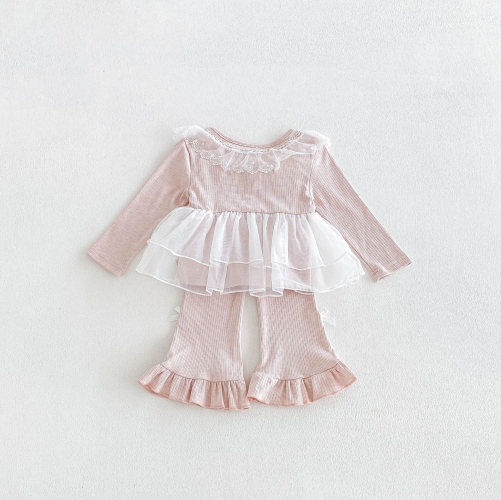 Autumn Infant Baby Kids Girls Long Sleeves Lace Trim Top and Flared Pants Cute Clothing Sets Wholesale