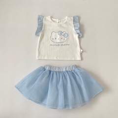 Summer Infant Baby Girls Cartoon Pattern Fly Sleeves Vest and Tulle Skirt Set Wholesale