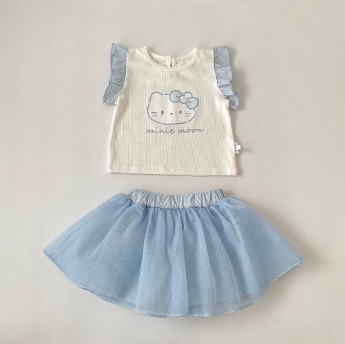 Summer Infant Baby Girls Cartoon Pattern Fly Sleeves Vest and Tulle Skirt Set Wholesale