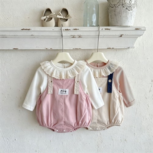 2026 Autumn Infant Baby Kids Girls Sleeveless Color Patchwork Strap Onesies Overalls with Lace Trim Collar Top Wholesale