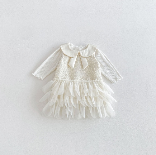 Autumn Infant Baby Kids Girls Long Sleeves Solid Color Knitted Top and Tulle Patchwork Dress Cute Clothing Sets Wholesale