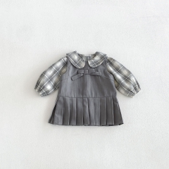 Autumn Infant Baby Kids Girls Long Sleeves Plaid Top and Grey Dress Preppy Clothing Sets Wholesale