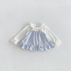 Autumn Infant Baby Kids Girls Long Sleeves Solid Color Knitted Top and Blue Vest Cute Clothing Sets Wholesale