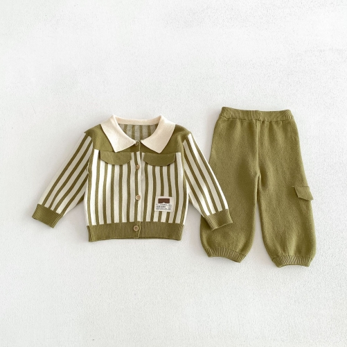 Autumn Infant Baby Kids Long Sleeves Striped Preppy Cardigan and Solid Color Pants Knitted Clothing Sets Wholesale