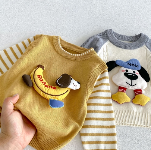 Autumn Infant Baby Kids Boys Long Sleeves Puppy Cartoon Pattern Sweater, Simple Pants with Hat Knitted Clothing Sets Wholesale