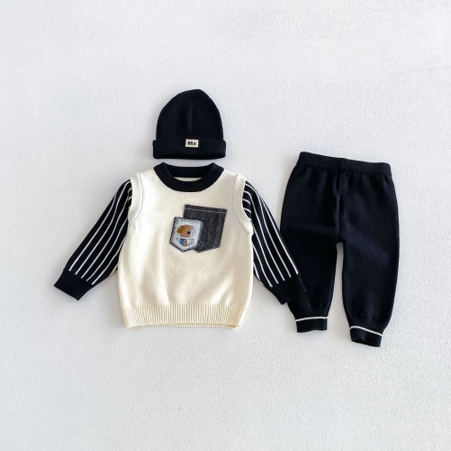 Autumn Infant Baby Kids Long Sleeves Striped Preppy Sweater and Simple Pants Knitted Clothing Sets Wholesale