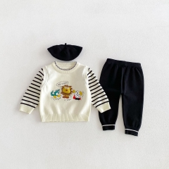 Autumn Infant Baby Kids Boys Long Sleeves Striped Sweater, Pants with Hat Knitted Clothing Sets Wholesale