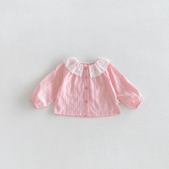 New Arrival Spring and Autumn Infant Baby Kids Girls Striped Pattern Hollow-out Collar Long Sleeves Top Wholesale