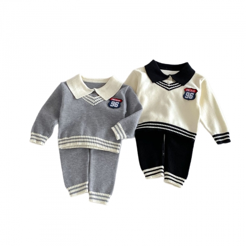 Autumn Infant Baby Kids Long Sleeves Striped Preppy Sweater and Pants Knitted Clothing Sets Wholesale