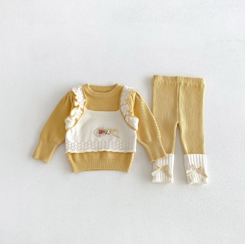 Autumn Infant Baby Kids Girls Long Sleeves Color Patchwork Sweater and Pants Cute Knitted Clothing Sets Wholesale