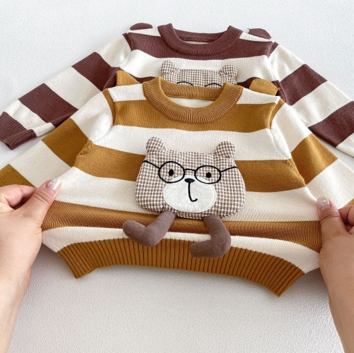 Autumn Infant Baby Kids Long Sleeves Cartoon Teddy Bear Pullover, Striped Pants with Hat Clothing Sets Wholesale