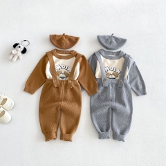 Autumn Infant Baby Kids Long Sleeves Cartoon Preppy Pullover, Plain Overalls with Hat Clothing Sets Wholesale