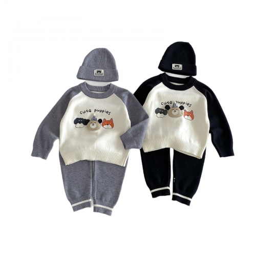 Autumn Infant Baby Kids Long Sleeves Cartoon Puppy Pullover, Striped Pants with Hat Clothing Sets Wholesale Autumn Infant Baby Kids Long Sleeves Cartoon Puppy Pullover, Striped Pants with Hat Clothing Sets Wholesale
