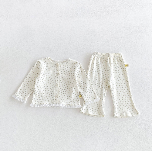 Autumn Infant Baby Kids Girls Long Sleeves Floral Lace Trim Top and Pants Cute Clothing Sets Wholesale