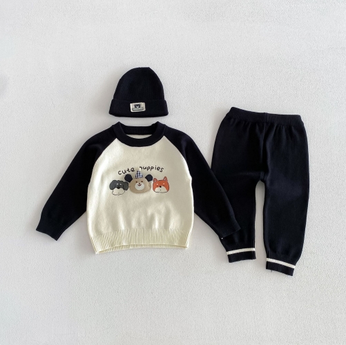 Autumn Infant Baby Kids Long Sleeves Cartoon Puppy Pullover, Striped Pants with Hat Clothing Sets Wholesale