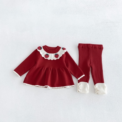 Autumn Infant Baby Kids Girls Long Sleeves Color Patchwork Sweater and Pants Cute Knitted Clothing Sets Wholesale