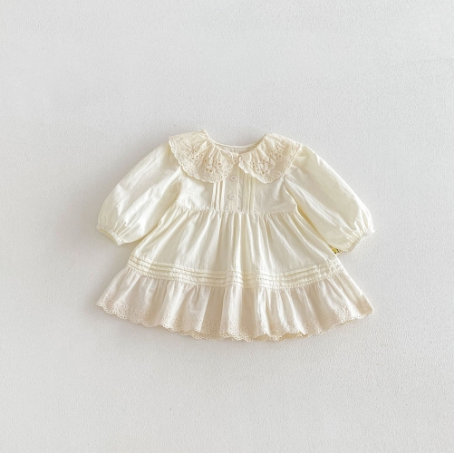 Spring and Autumn Infant Baby Girls Solid Color Long Sleeves Cute Flowers Hollow-out Collar Dress Wholesale Spring and Autumn Infant Baby Girls Solid Color Long Sleeves Cute Flowers Hollow-out Collar Dress Wholesale